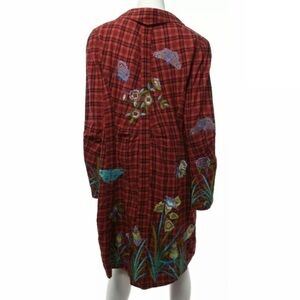 Anthropologie Chan Luu Long Jacket L Plaid Red Embroidered Floral Butterfly